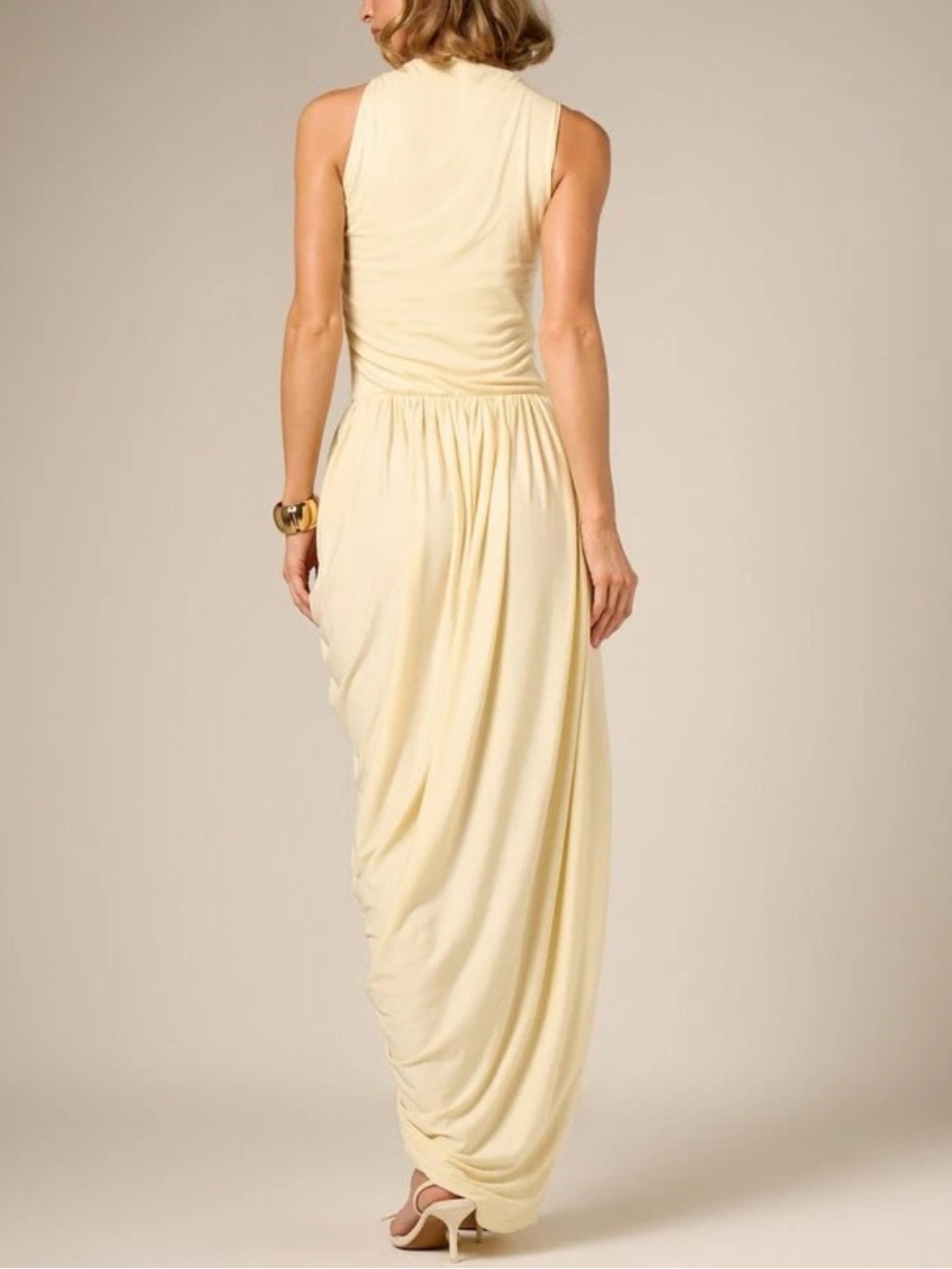 Butter yellow cream Sleeveless draped ruched stretchy midi maxi Dress - Picture 3 of 5